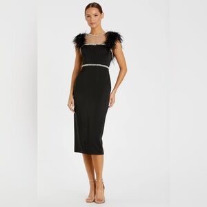 MAC DUGGAL 114398 Black Feather Cap Sleeve Pearl Embellished Tea-length Dress